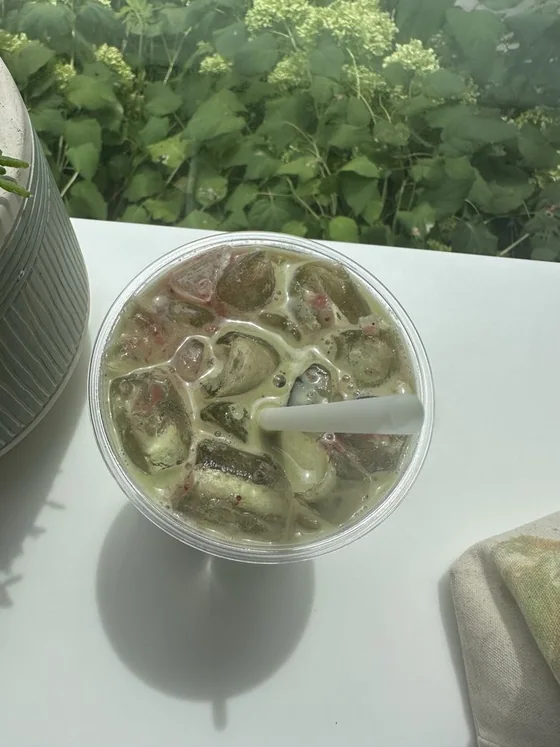 Iced green specialty drink near window plants